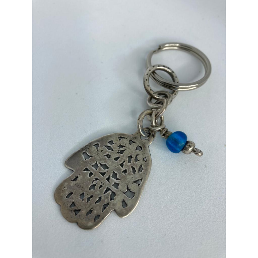 Silver Hamsa Key Ring With Blue Glass Bead