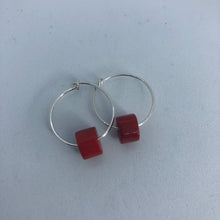 Load image into Gallery viewer, Silver Hoop Earrings with Bamboo Coral Bead
