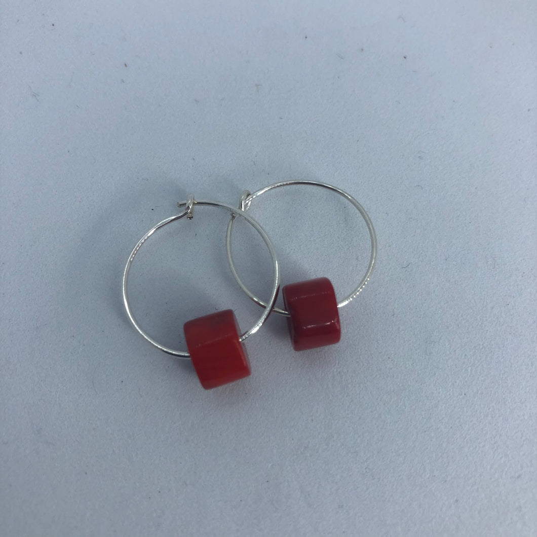 Silver Hoop Earrings with Bamboo Coral Bead